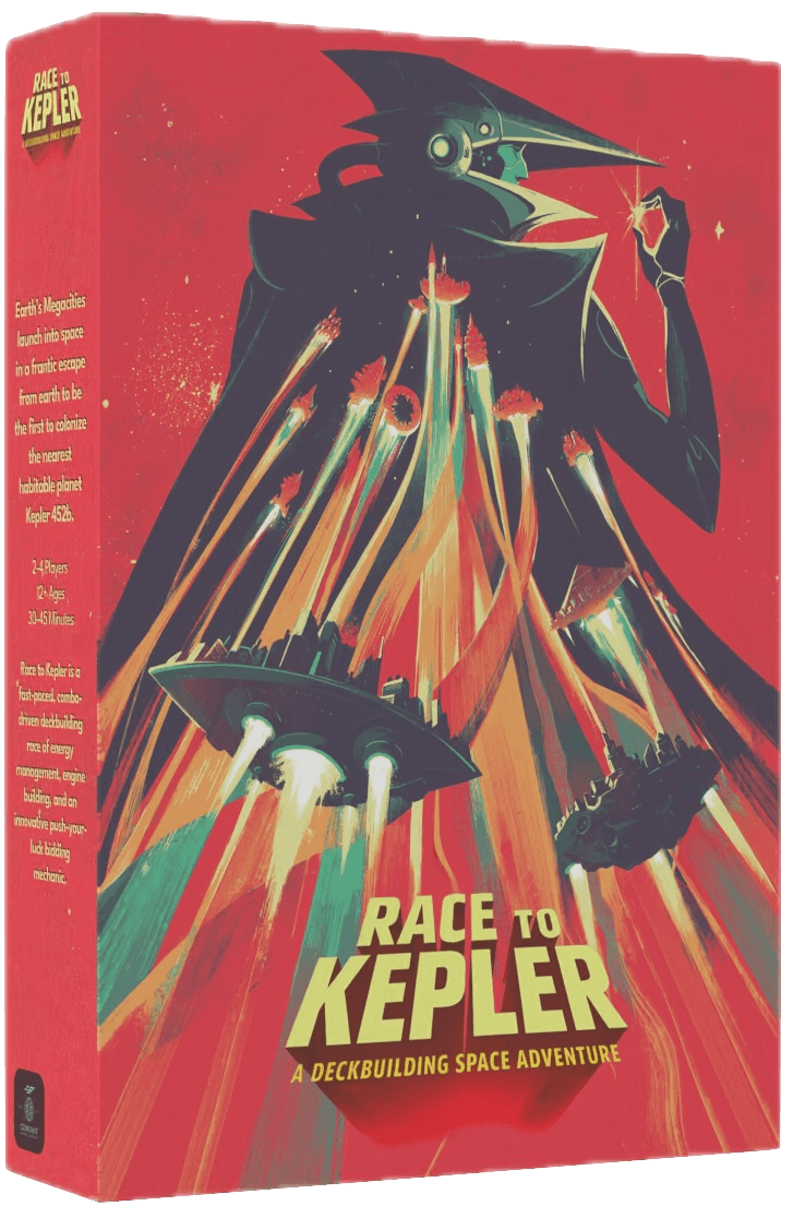 Race to Kepler box art showing spaceships racing toward a bright light against a red cosmic background